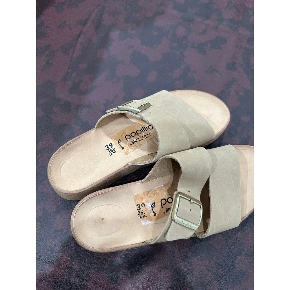 Papillio by Birkenstock Tan Nubuck Platform Slide Sandals Gold Buckle Size 39